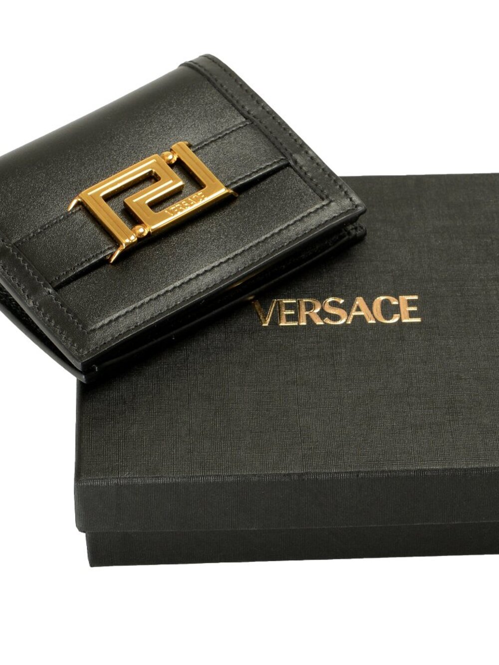 Versace Women's Black Leather Gold Color Creeca Logo Bifold Wallet - Picture 6 of 6
